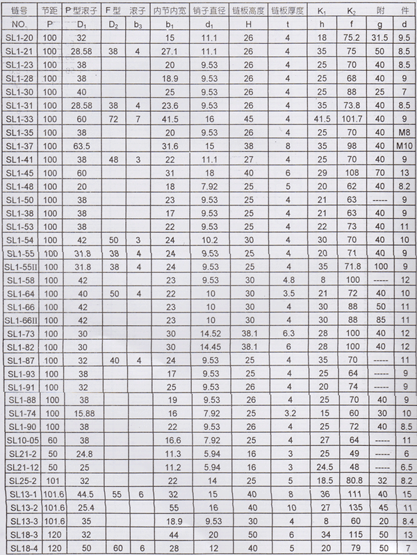 非標(biāo)輸送鏈及K型附件技術(shù)參數(shù)